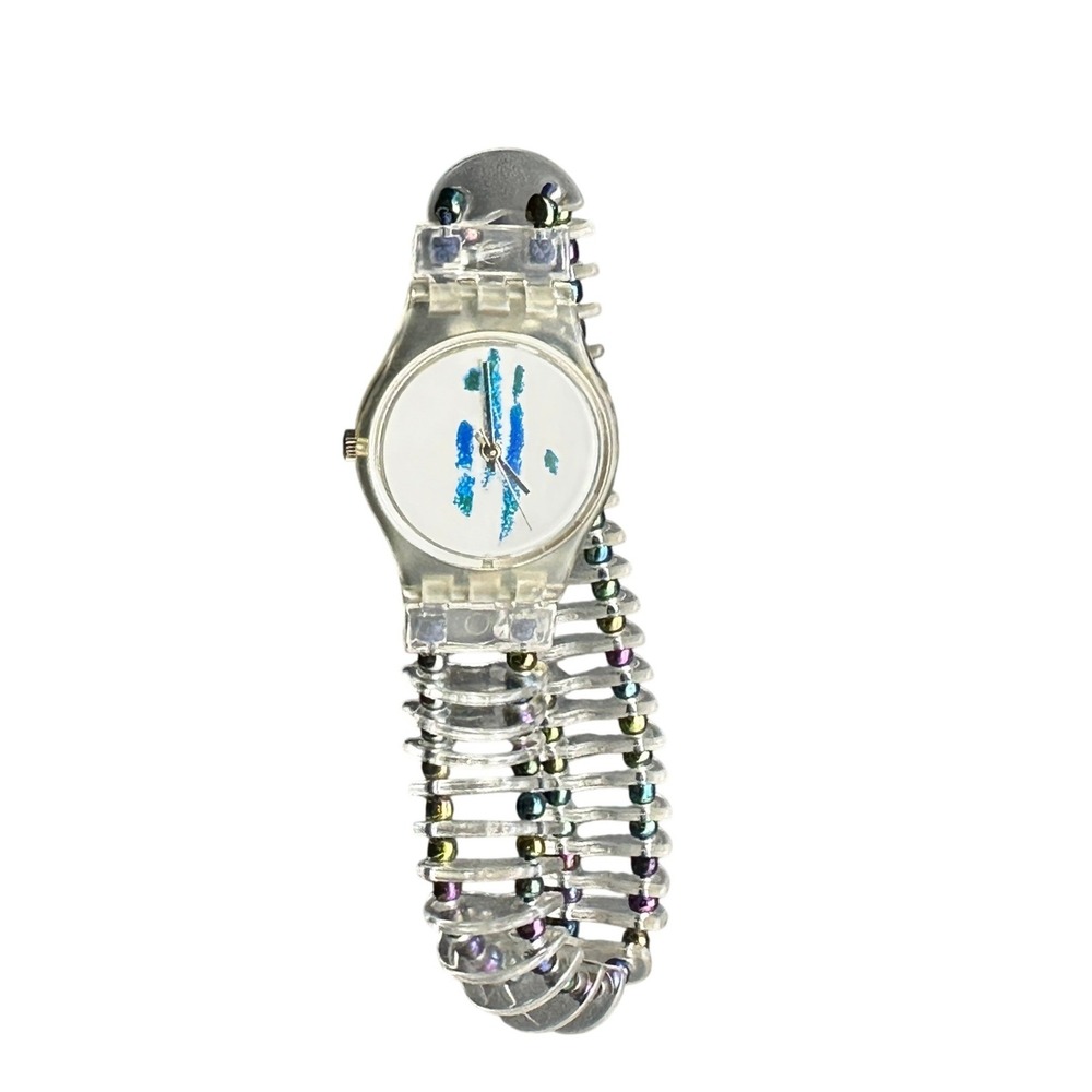 Vintage Swatch Lady Chenille LK129 Watch Y2K Clear Beaded Band Swiss Made KC